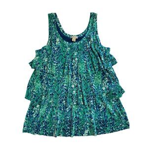 Yves Blue Green Abstract Print Pleated Tiered Tank Top Womens Size L Lined